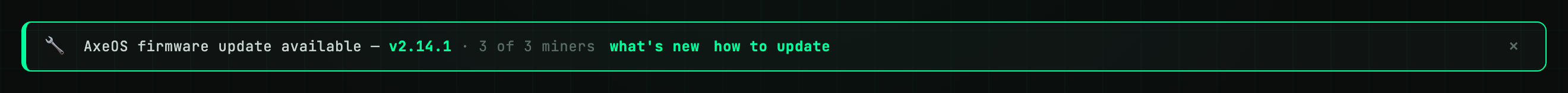 Bitaxe Baller firmware notice bar: AxeOS firmware update available — v2.14.1, 3 of 3 miners, with 'what's new' and 'how to update' links.