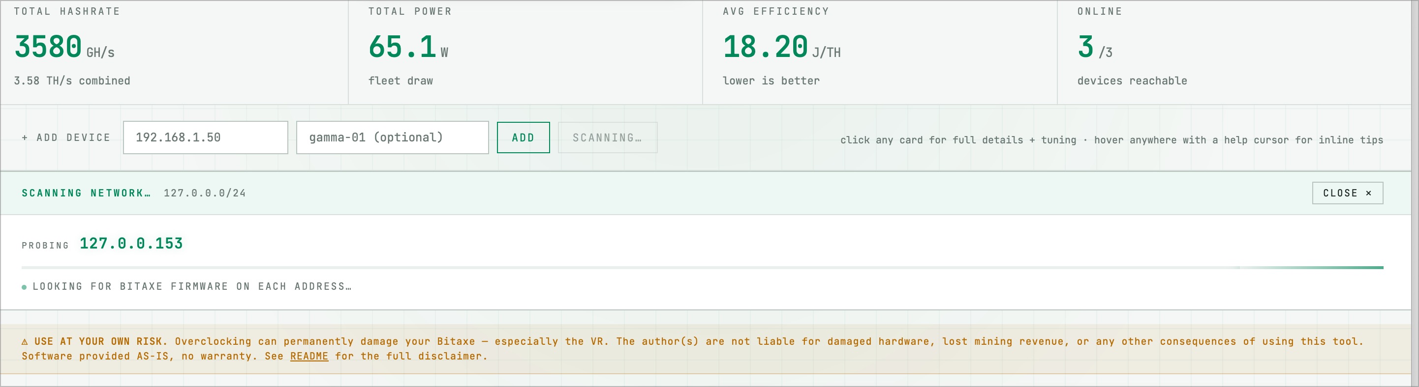 Bitaxe Baller network scanner mid-run, cycling through IP addresses and looking for Bitaxe firmware